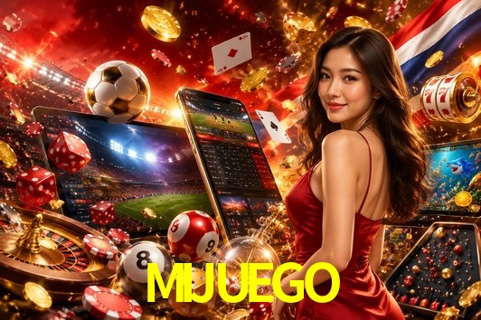 Una escena digital vívida inspirada en casino con MIJUEGO mostrado prominentemente, luces brillantes, fichas, cartas y acentos dorados.
