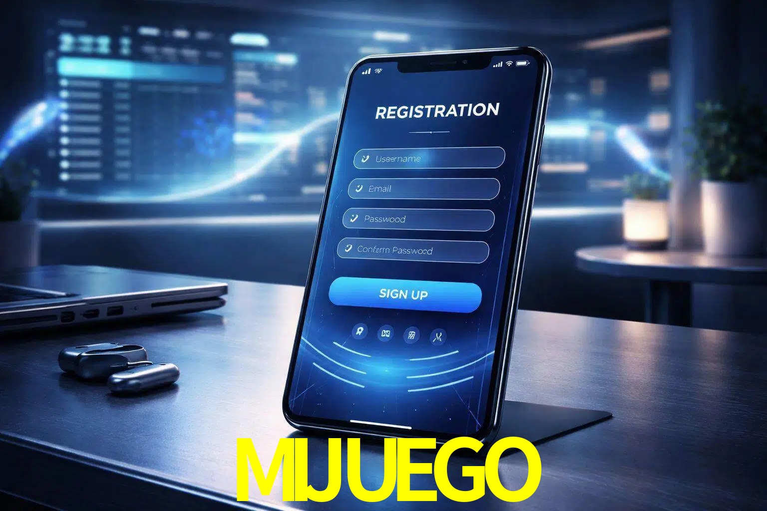 Una interfaz moderna de registro móvil para MIJUEGO mostrada en un smartphone con un panel de apuestas elegante.